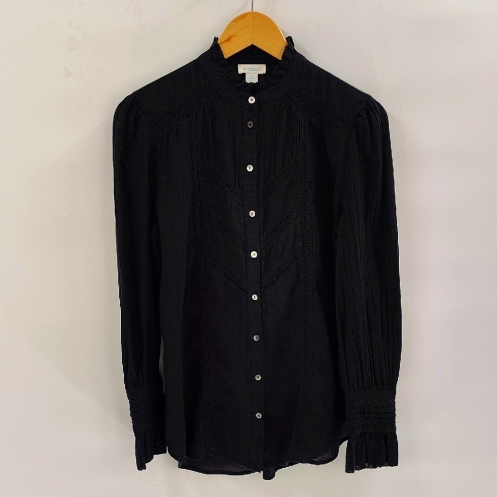 Sundance Women's Button Up Blouse Medium Mock Collar Black Ruffle Cuff